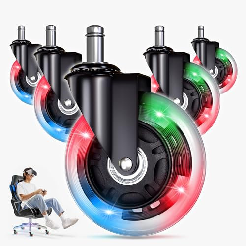 Gaming Office Chair Wheels Replacement — 3″ Heavy Duty Caster Wheels for Desk Chairs, Smooth Rolling Chair Casters, Safe for Hard Floors and Low Carpets, Universal Fit (Set of 5, RGB)