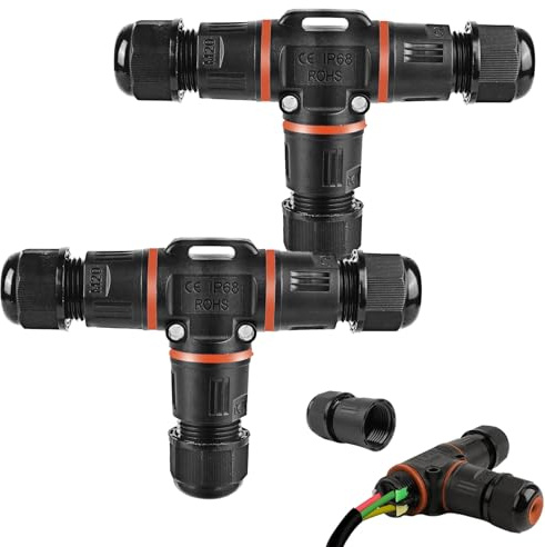 Kabelverbinder Wasserdicht 3 Polig – 2 Stück T-Form Verbindungsmuffe IP68 für Ø3–12mm Kabel, Erdkabel Verbinder Wasserdicht für Außenbereich, Gartenbeleuchtung, Strom- & Lichtkabel