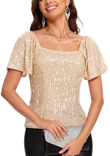 MINTLIMIT Damen Pailletten Glitzer Tops Kurzarm Oberteil Party Bluse Quadratischer Ausschnitt Festliches Club Outfit