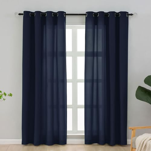 L.Z.E Vorhänge Dunkelblau Sichtschutz 65% Lichtdurchlässig, Blaue Gardinen Wohnzimmer mit Ösen, 2er Set Gardinenschal für Schlafzimmer, Privatsphäre Einfarbig, 245 cm Lang Baumwolloptik Dünn