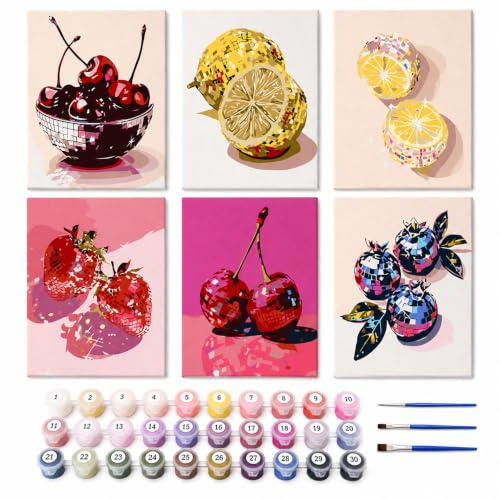 Malen nach Zahlen DIY Frucht Malset 6tlg. Var. A inkl. R. f. Erwachsene | Die Leinwand aus feinem Leinen nimmt Farbe gut auf und macht das Paint by Numbers Motiv besonders haltbar