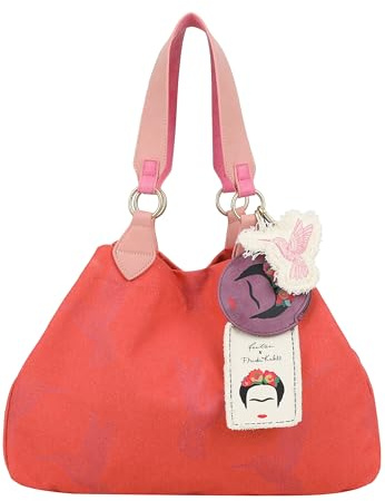 Fritzi x Frida Kahlo Izzy Medium Limited Kolibri Shopper Canvas Damen Handtasche Alltag Reisen mit Druckknopf Tragegriffen Schultertragbar 30 x 43 x 16 cm – Pink, Grün, Orange