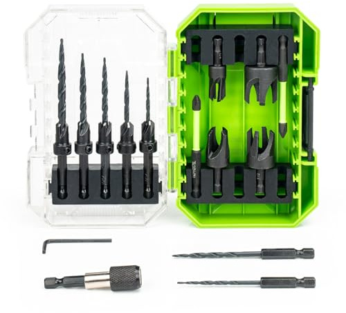 KAKILFOB Countersink Drill Bit Set, 16PCS M2 Cobalt HSS Woodworking Tool Set, Adjustable Depth Tapered Drill Bits with 4 Wood Plug Cutters & 1/4 Hex Shank, Counter Sink Drill Bit for Wood