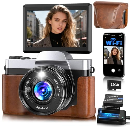 4K Digital Camera for Photography Autofocus, 64MP WiFi Vlogging Camera for YouTube with 3'' 180° Flip Screen,16X Zoom Anti-Shake, 32GB Card, Compact Travel Point and Shoot Digital Cameras (Brown)