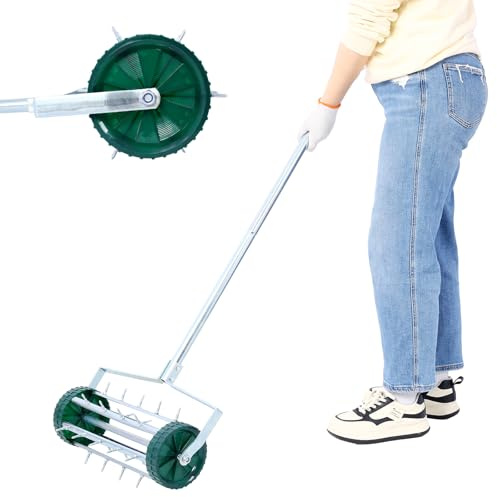 18 Inch Push Spike Aerator, Heavy Duty Rolling Spike Lawn Aerator, Steel Handle for Yard and Garden, A Manual Turf Tool to Revitalize Your Gras, Suitable for Lawns, Garden, and Yard Grass Aeration