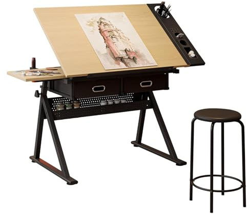 Height Adjustable Drafting Table, 0-75° Tilting Drawing Table Art Desk for Adults, Artist Desk with 2 Storage Drawers, Watercolor Paintings Sketching Workstation with Stool for Home Office