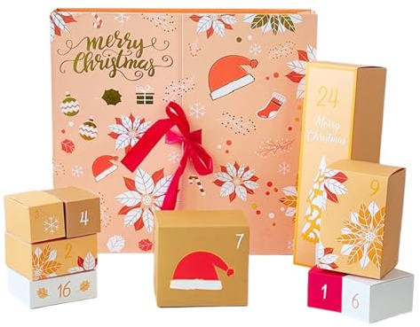 Foldable Christmas Countdown Calendar Present Box, Fill Your Own Advents Calendars, 24 Days Countdown to Christmas Boxes, Creative Empty Present Box for Candle Chocolate Toys