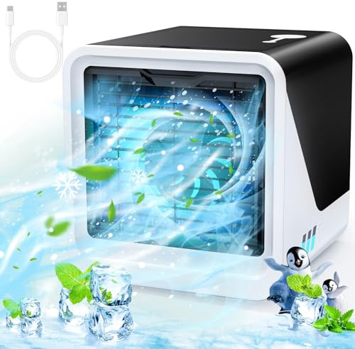 Portable Air Cooler, Mini Air Conditioner, 4-in-1 Personal Evaporative Air Cooler, 3 Wind Speed Desktop Cooler Fan, Portable Air Conditioner with 7 Colours LED Lights, Suitable for Home Office Room