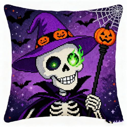 AxiangziK Knüpfkissen Zum Selber Knüpfen,Halloween-Skelett,Knüpfen Set Handgemachte Geschenke Knüpfteppich Für Kinder Und Erwachsene Knüpfset,17x17in