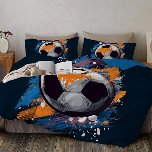 Housse De Couette Graffiti De Football De Dessin Animé 200X200 Adulte Enfant Motif Thème Sportif Parure De Lit 1 Person Avec Fermeture, Taie D'Oreiller, Douce Linge De Lit Microfibre, Bleu Marine