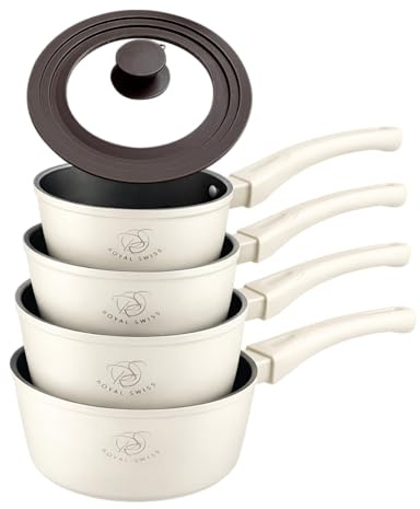 Royal Swiss® Set de casseroles 5 pièces avec poignée amovible – 14/16/18/20 cm + couvercle en verre universel – Induction tous feux – Empilable, gain de place (Beige, 5 pcs)