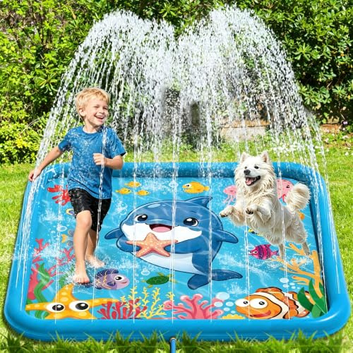 Lubibi Splash Pad, 170cm Delfin Verdickte Splash Spielmatte，Kinder Sprinkler Mit Antirutschfunktion, Outdoor Spiele, Wasserspiel Sommer Garten Freienspiel, Wasserspielzeug für Kinder & Hunde