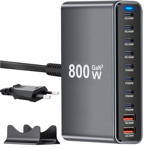 800 W Chargeur USB C Multiple, Station de Charge PD 140 W 100 W 65 W, Chargeur Rapide à 10 Ports Chargeur GaN-III Compatible avec MacBook, iPad, iPhone séries 16/15/14, Galaxy S22/ S20,Dell, HP