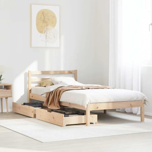 Kaloriko Massivholzbett Kiefernholz 90x200 cm, Bettgestell mit Lattenrost und 2 Rollschubladen, unbehandeltes Bett für Schlafzimmer, Robustes Einzelbett