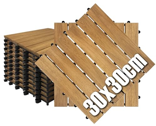QEENTOE 5m² Holzfliesen Holz Fliesen wetterfest Balkonfliesen Balkonboden aus Akazienholz Gartenfliesen mit Drainage Stecksystem Klickfliesen Zuschneidbar Balkonfliesen für Terrasse Patio - Typ A