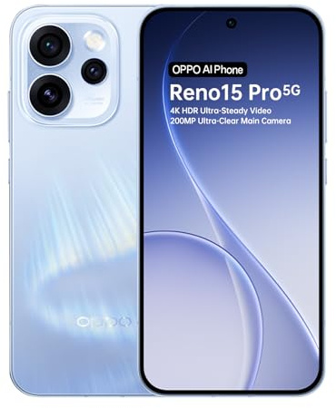 OPPO Reno15 Pro Smartphone, 12+512 GB, Fotocamere Principali da 200 MP, Teleobiettivo da 50 MP, video 4K, AMOLED 120Hz, Batteria 6200 mAh, SUPERVOOC 80W, Dimensity 8450, IP69, Aurora Blue