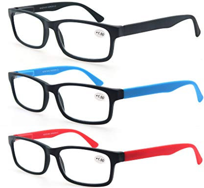 MODFANS Pack de 3 Gafas de Lectura 2.25/Gafas para Presbicia Hombres/Mujeres,Buena Vision Ligeras Comodas,Vista de Cerca/Vista Cansada,Colores Negro-Rojo-Azul