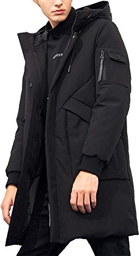 Pioneer Camp Men's Winter Coats Water-Repellent Windproof Thicken Parkas Long Hooded Padded Puffer Jacket (Black, M)