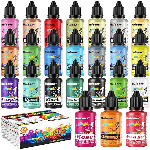 Airbrush Paint Set - 24 Colors Airbrush Paints(50ml/1.76oz), with 2 Cleaning Brush, Ready to Spray Airbrush Kit, Water Based Acrylic Airbrush Paint Kit for Metal, Models, Wood, Leather, Fabric, etc.