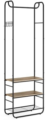 VASAGLE Perchero, Perchero con Zapatero, Estantes de Almacenamiento, Vestíbulo, Dormitorio, 58 x 28 x 181 cm, Estilo Escandinavo, Negro Tinta y Marrón Camello HSR081K01