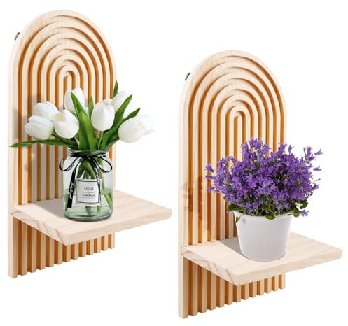 MEYAGOT 2 Set Wandregal Holz, Wandregal Ohne Bohren, Wandregal Wohnzimmer, Boho Wanddeko Holz Kleine Regale Wandablagen, Für Wandregal Fotoregal, Tischdeko, Dresser Deko, Zimmer Deko Büro Oder Küche