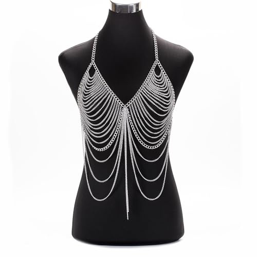 Collana per il corpo da donna, a strati, sexy, con nappa, in metallo, per la pancia, per il corpo, per le donne, la discoteca, la spiaggia (argento)