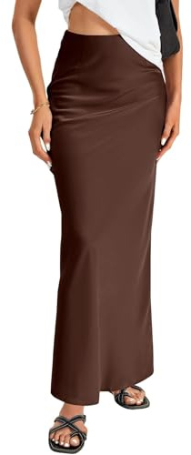 Vrtige Women's Elegant Silk Satin Elastic High Waist Zipper Flowy A Line Long Maxi Skirt Plain Dark Brown-1 X-Small