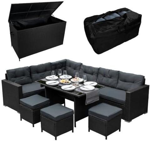 Set pranzo ad angolo in rattan e box da giardino Nero 9 posti a sedere Divano Sgabelli Tavolo in vetro Ampia Cassapanca 582L Telaio in acciaio Resistente ai raggi UV Borsa da trasporto impermeabile