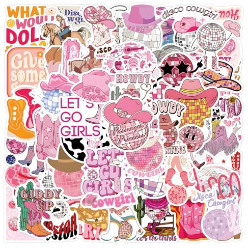 AKSIQIOL 55 Pcs Stickers, Waterproof Vinyl Decals for Water Bottles, Laptops, Skateboards, and More, Pink Cartoon Cowgirl Theme