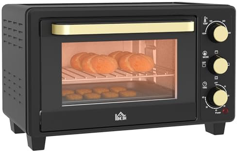 HOMCOM Mini Backofen 16 L 1400W 100-230℃ 60 Min. Timer inkl. Krümelblech, Backblech und Grillrost, Minibackofen mit Tablettgriff, Schwarz