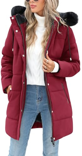Tuopuda Abrigo Parka Mujer Largo con Capucha de piel Abrigo Gruesa para Mujer Chaqueta de Invierno con Bolsillos Chaqueta de Cremallera Abrigo Resistente al Viento, Vino, L