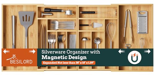 Silverware Organizer Large, Magnetic Connected Expandable 13 Slots Silverware Drawer Organizer From 21 to 37.4 Inches, Adjustable Flatware and Cutlery Holder, Bamboo Utensil Tray for Kitchen Natural