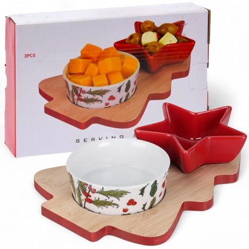 MIJOMA Servierset Weihnachten 3-teilig – Porzellan Schälchen auf Holztablett in Tannenbaumform – Festliches Tischset zum Servieren & Dekorieren