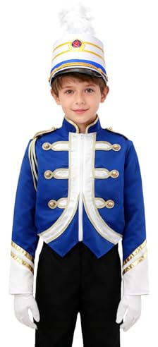 Mufeng Kockuniform Fanfare barn pojke 3 delar kostym Honor Guard jacka hjälm handskar outfit ceremoni kungsblå 9–10 år