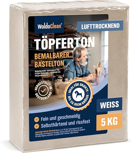 WoldoClean Modellera Lufttorkande Vit - 5 kg Lera Utan Bränning - Självhärdande Hobbylera med Chamotte Sprickfri för Skulptering & Keramik