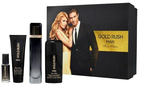 Gold Paris Hilton Gold Rush Man Men 3.4oz EDT Spray, 0.5oz EDT Spray, 3.0oz Hair Body Wash, 2.75oz Alcohol Free Deodorant Stick 4 Pc Gift Set , I0082720