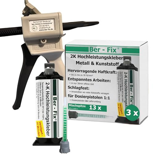 Ber-Fix 2K Hochleistungskleber 30 Min 2K Kleber Kunststoff 2K Metallkleber Extra Stark 3x 50g für Kartuschenpresse + Pistole + 10 Spitzen