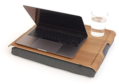 Bosign. Knietablett Laptray mit Sitzsack-Kissen für Laptop, Frühstück. Rutschfestes Tablett. Abnehmbarer und waschbarer Kissenbezug. Natürliches Teak Holz. Graues Kissen. Groß - 46x38x6,5 cm