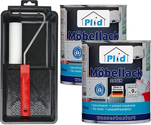 Plid® Möbellack Weiß Seidenglänzend, 1.5 l Set - [DIN EN 71.3 - KINDERSPIELZEUG - GEEIGNET] - innen & aussen - Blauer Engel - Weisslack - Türenlack - Holzlack - Spielzeugfarbe - Made in Germany