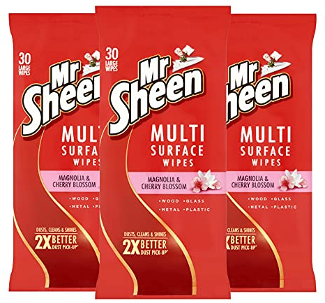 Mr Sheen Ultra Effective Wipes for Wood, Glass, Metal and Plastic, Magnolia and Cherry Blossom Fragrance, 30 Wipes per pack, Pack of 3