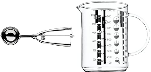 WMF Gourmet Eisportionierer 21 x 5,5 cm, Reis Portionierer, Püreeportionierer, Risottoportionierer, Cromargan Edelstahl, spülmaschinengeeignet & Gourmet Glas Messbecher 1,0l, hitzebeständiges Glas