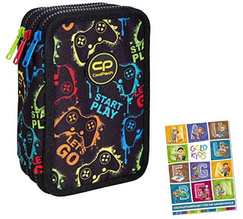 Goldkids Federtasche 3-fache Federmappe Federmäppchen 46-teilig gefüllte Schüleretui Stifte und Pinsel inkl. Aufgabenheft Federbox Etui Stiftetasche Schlamper-Etui Schul-Etui Xplay Pad Game