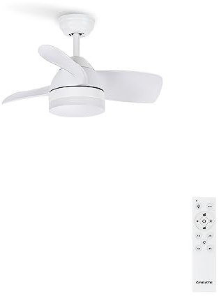 CREATE / WINDROUND/Ventilador de techo con luz blanco con mando/Función verano-invierno, temporizador de 1 a 4 h, 3 temperaturas de luz,2 alturas, 6 velocidades, 40W, Ø76 cm