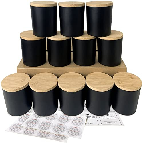 CONNOO Glas-Kerzengläser, Mattschwarz, 12 Stück, 284 ml, Bambusdeckel | Für Kerzenherstellung, Leere Kerzendosen, Holzdeckel, Spülmaschinenfest