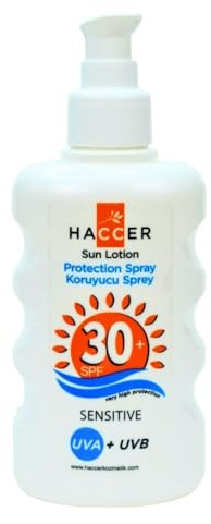 Haccer 30 + SPF Sun Lotion Protection Spray 150 ml – olio d'oliva, olio di sesamo e olio di cocco – Alto UVA – UVB, massima protezione dal sole, spray idratante per la protezione solare