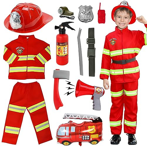 VICTERR Feuerwehrmann Kostüm Kinder, 12pcs Rollenspiel Halloween Kostüm Spielzeug für Kinder im Alter von 4-6 Jahren für Kinderschulkostüme, Kostümpartys, Weihnachts, Schul- und Heimspiele(120cm)