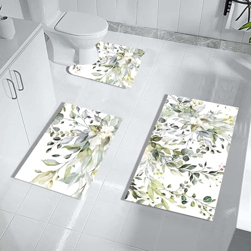 Bathroom Rug Set with Green Leaves, 3-Piece, Spring Flowers, Boho, Quick Drying, Eucalyptus Plant, Minimalist, Thin, Rubber, Diatomaceous Earth, Absorbent, Non-Slip Rugs
