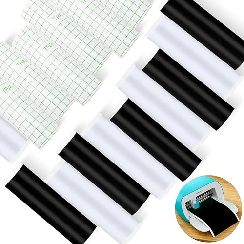 Smart Vinyl Permanent für Cricut Joy 12 Stück Schwarz + Weiß Vinyl Plotter Film 14x30.5cm Plotterfolie Selbstklebend mit 6 Transferfolie Plotter Set für DIY Tassen, Autos, Banner, Dekoration