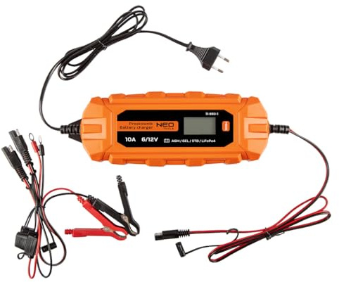 NEO TOOLS Automatik Ladegerät - Ladegerät Auto Und Motorrad Mit LCD-Anzeige - Das mikroprozessorgesteuerte Ladegerät - Kompatibel mit Säurebatterien AGM/Gel (10A/160W, 3-200AH)