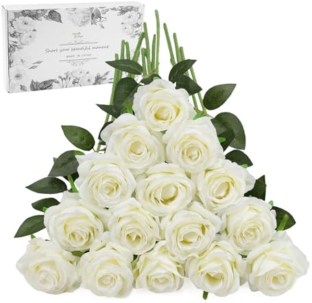 16Pcs Fake White Flowers Artificial 20 Single Silk Rose Gift Box Packed | Faux White Silk Roses Floral Arrangement Craft Artwork of Home House Decor Party Festival Event Backdrop Holiday Gift